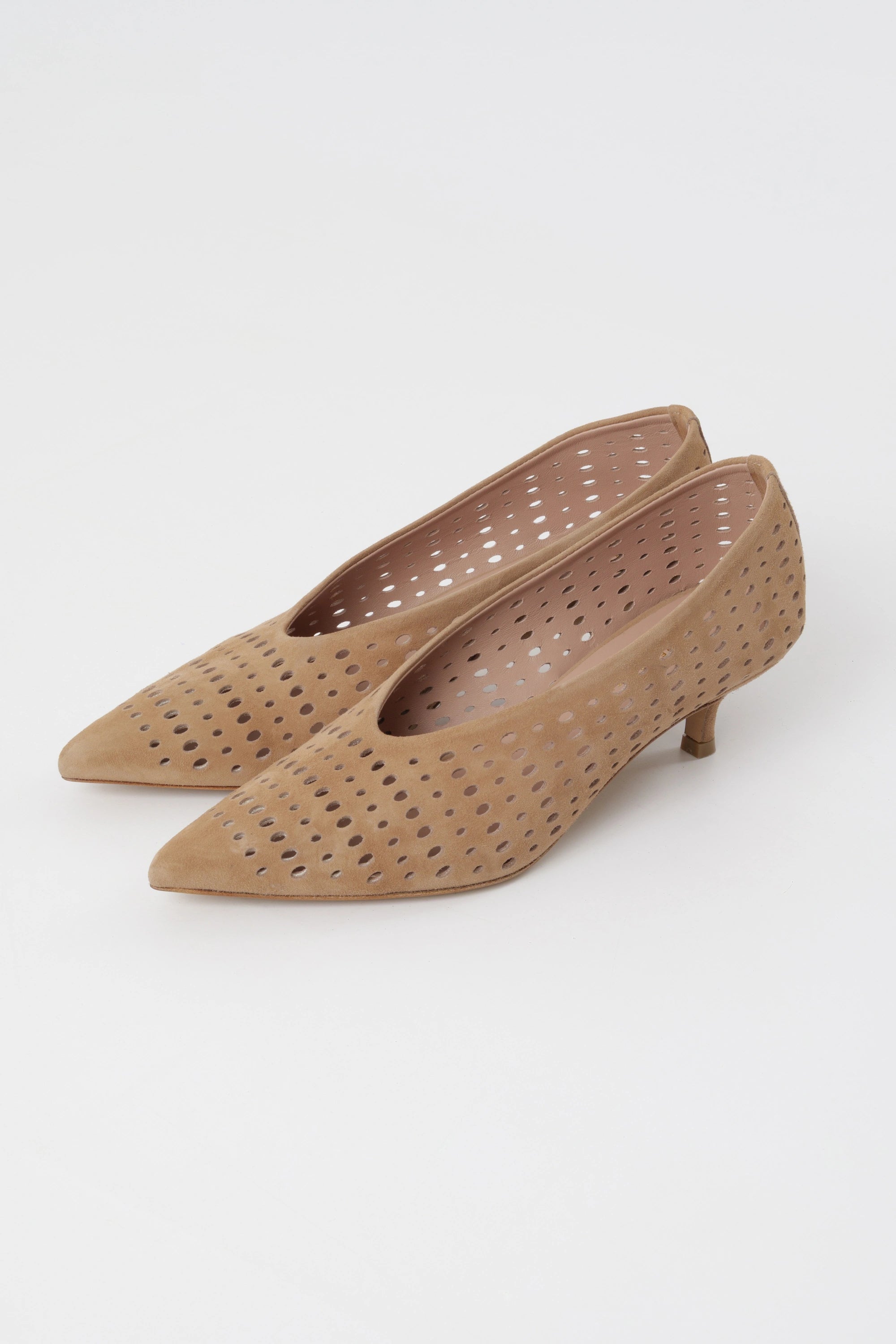 Beige suede perforated pump with 40mm stiletto heel