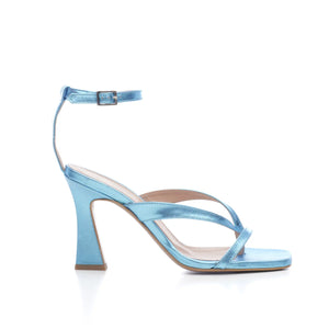 
                  
                    Load image into Gallery viewer, Patrizia flip-flop sandal with spool heel and light blue laminate ankle strap
                  
                