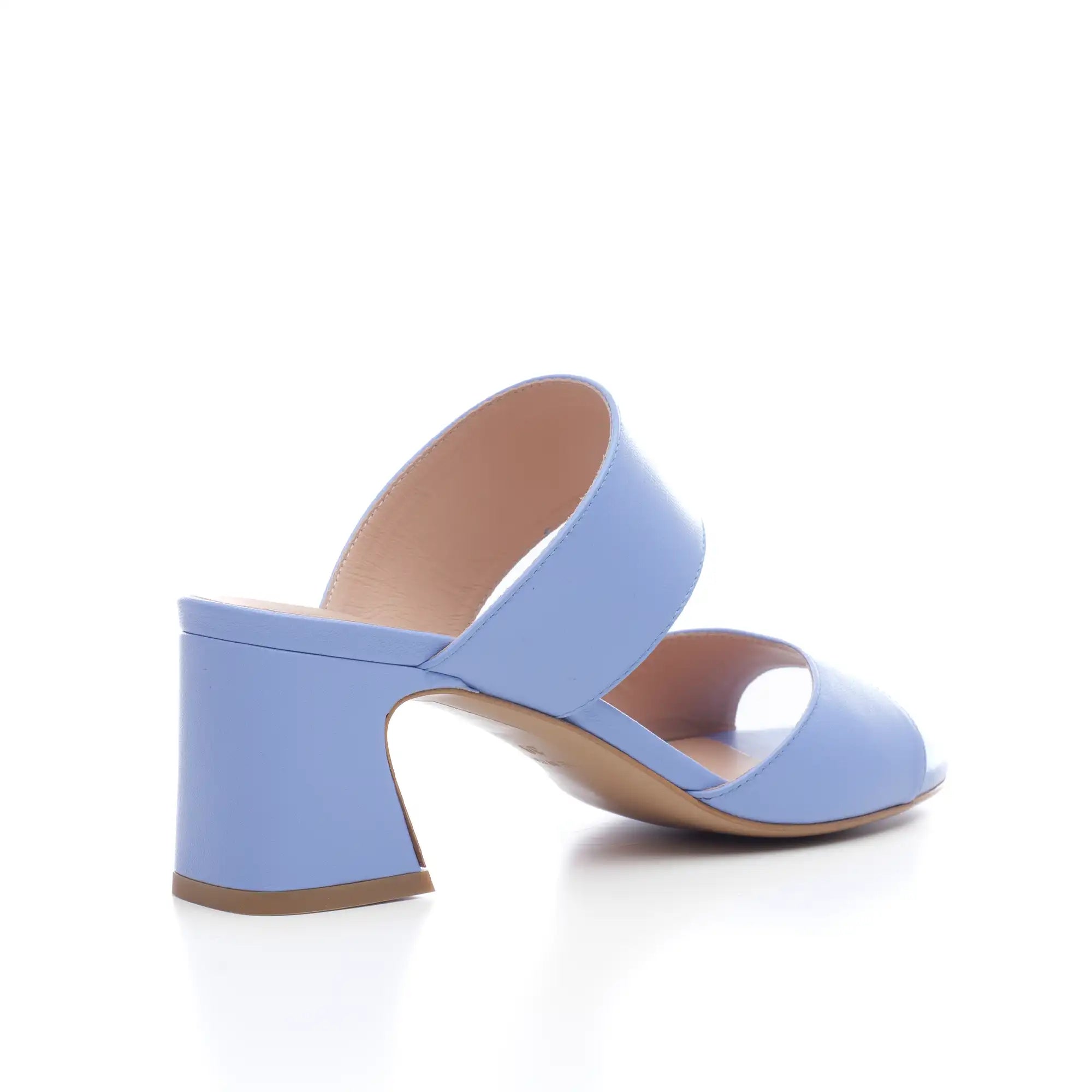 Elle mules sandal with low wide heel and instep band in powder blue leather