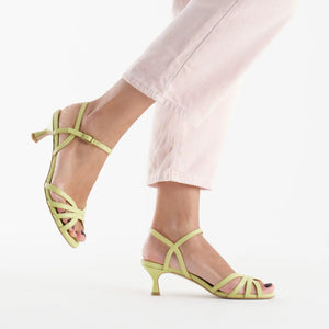 
                  
                    Load image into Gallery viewer, Mykonos sandal with low spool heel in lime leather
                  
                