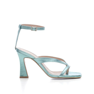 
                  
                    Load image into Gallery viewer, Patrizia flip-flop sandal with spool heel and ankle strap in marine laminate
                  
                