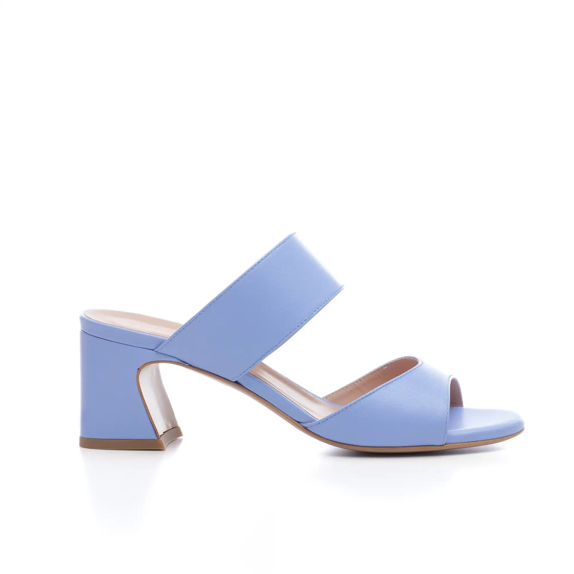 Sandalo Elle mules tacco basso largo con fascia su collo piede in pelle azzurro polvere