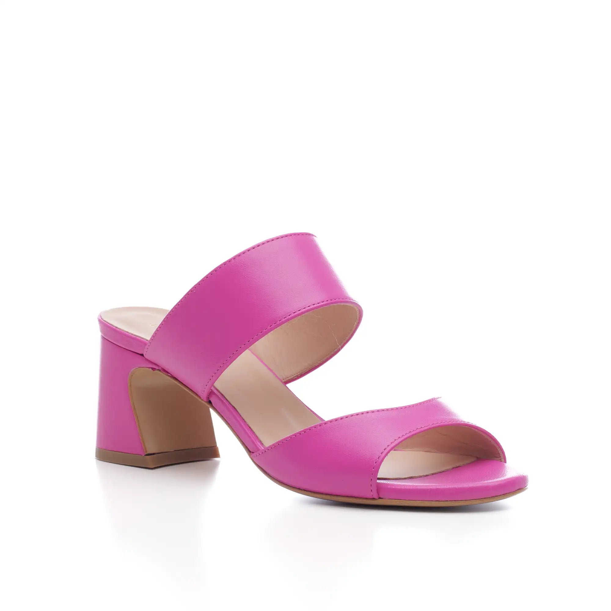 Elle mules sandal with low wide heel and band on the instep in fuchsia leather