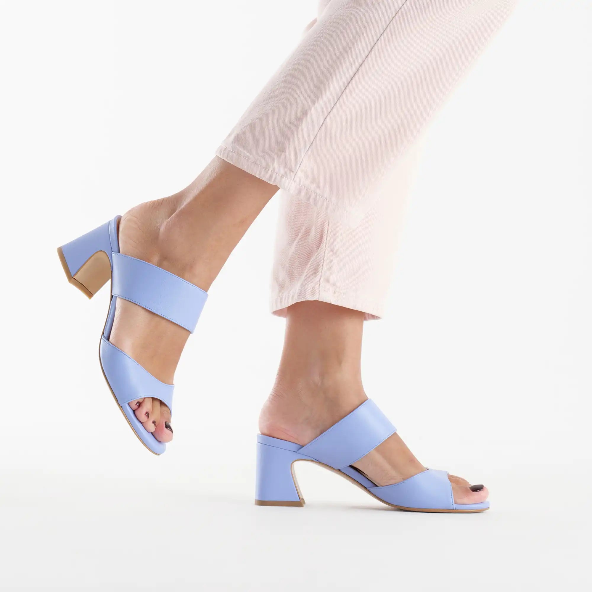 Elle mules sandal with low wide heel and instep band in powder blue leather