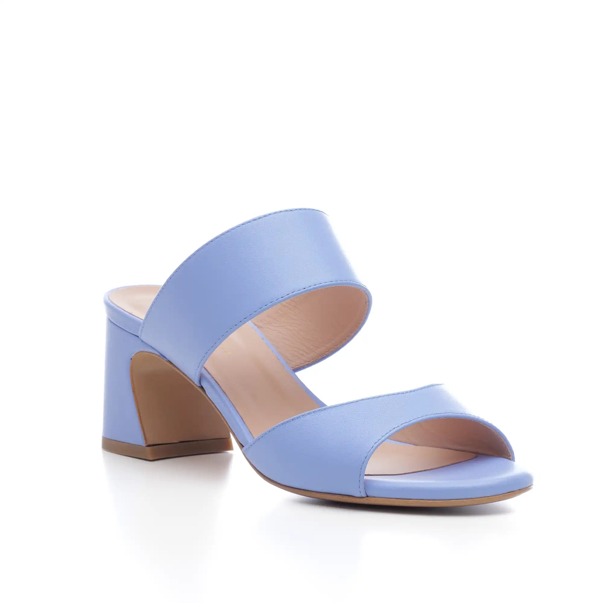 Elle mules sandal with low wide heel and instep band in powder blue leather