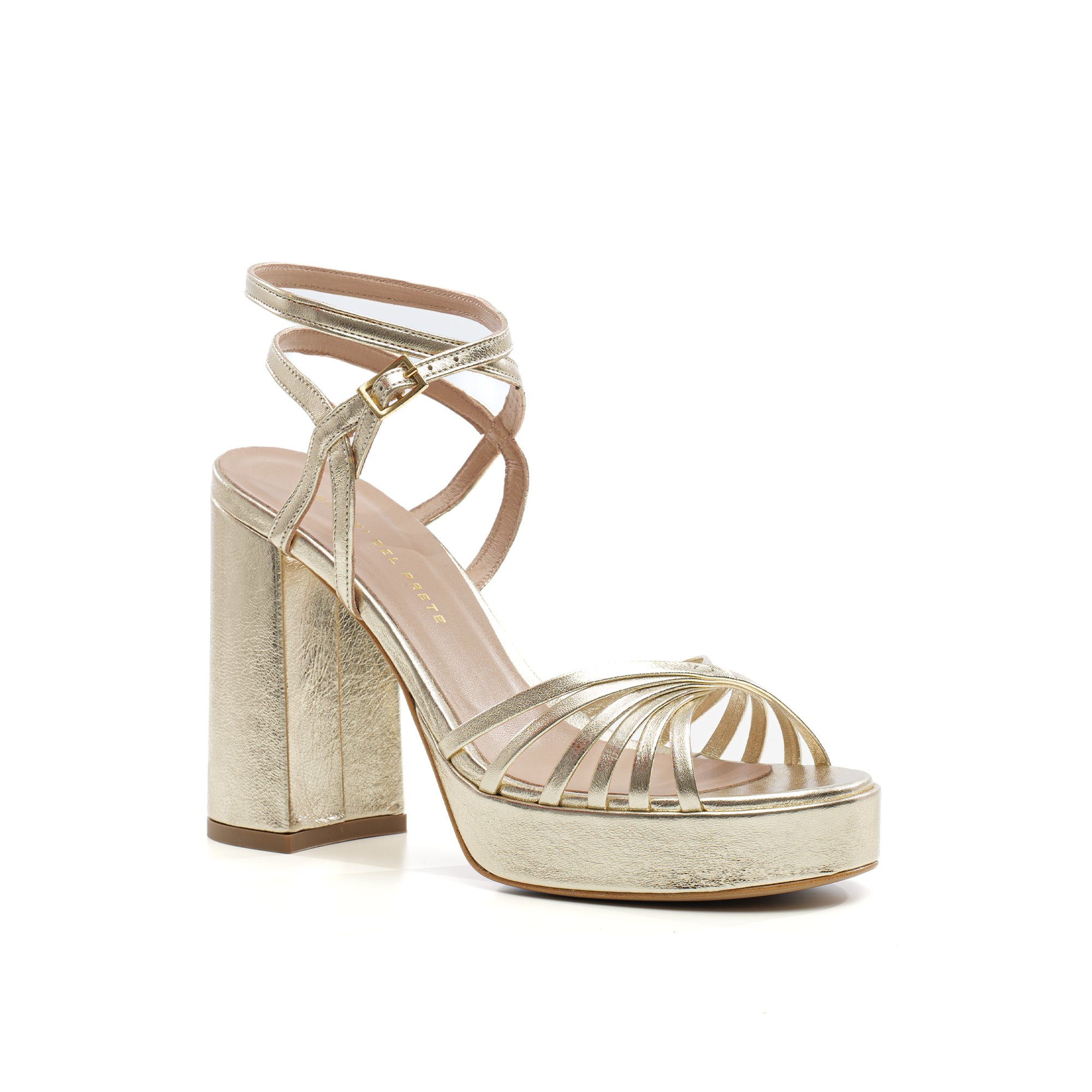 Alma platform sandal and wide heel with ankle strap in platinum laminated leather