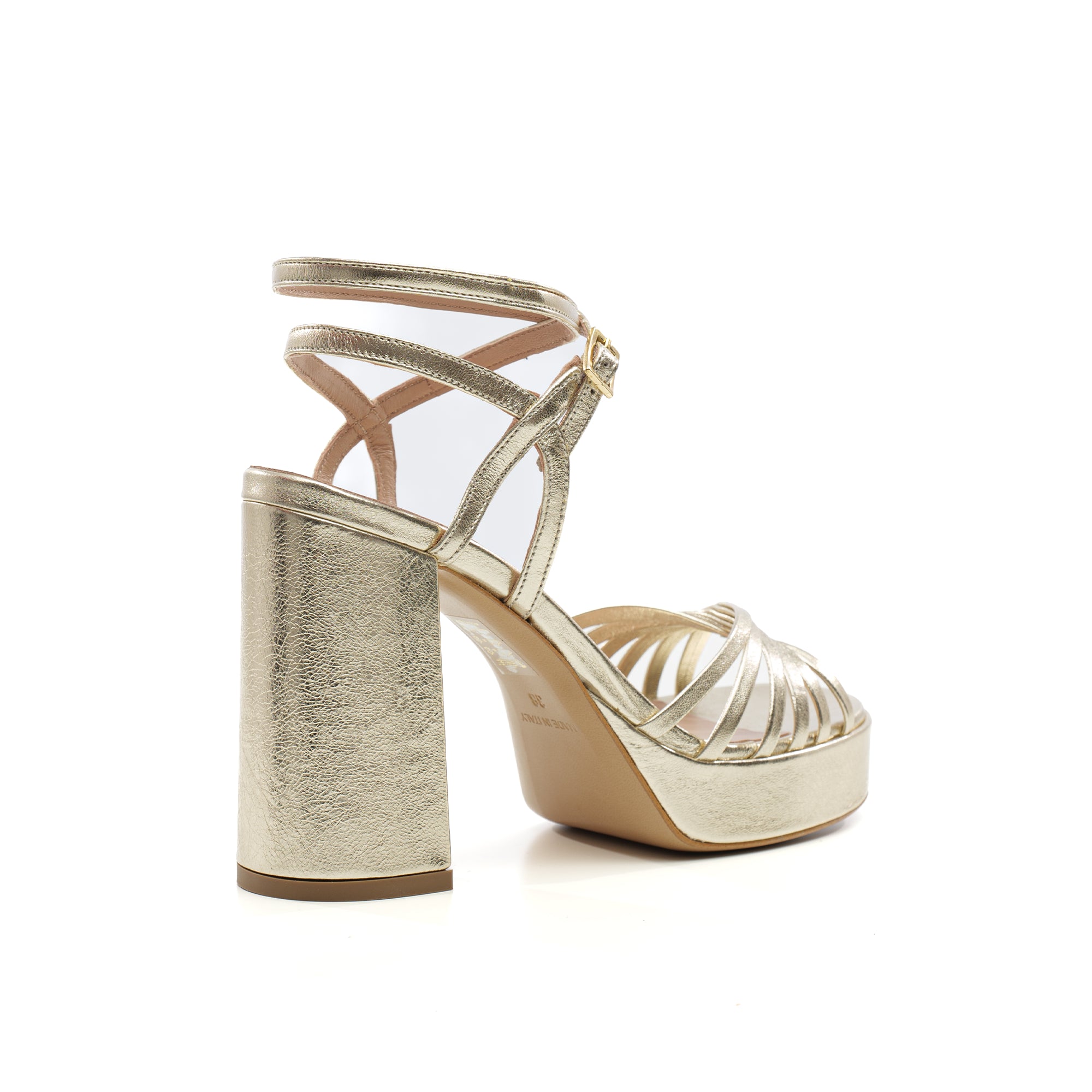 Alma platform sandal and wide heel with ankle strap in platinum laminated leather