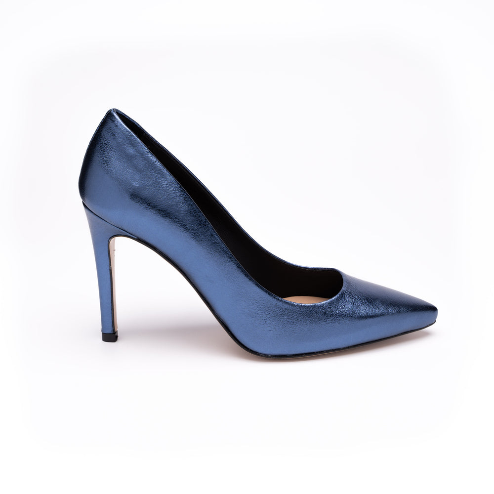 
                  
                    Load image into Gallery viewer, Kristal decolletè high heel pointy model in Blue Laminate
                  
                