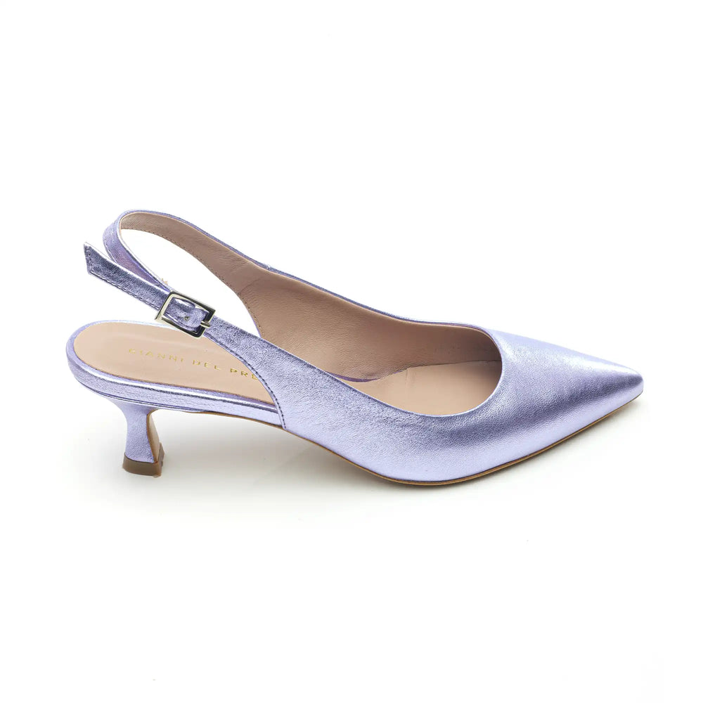 
                  
                    Load image into Gallery viewer, Fiordaliso sling back decolletè with pointed toe and low heel in wisteria laminate
                  
                