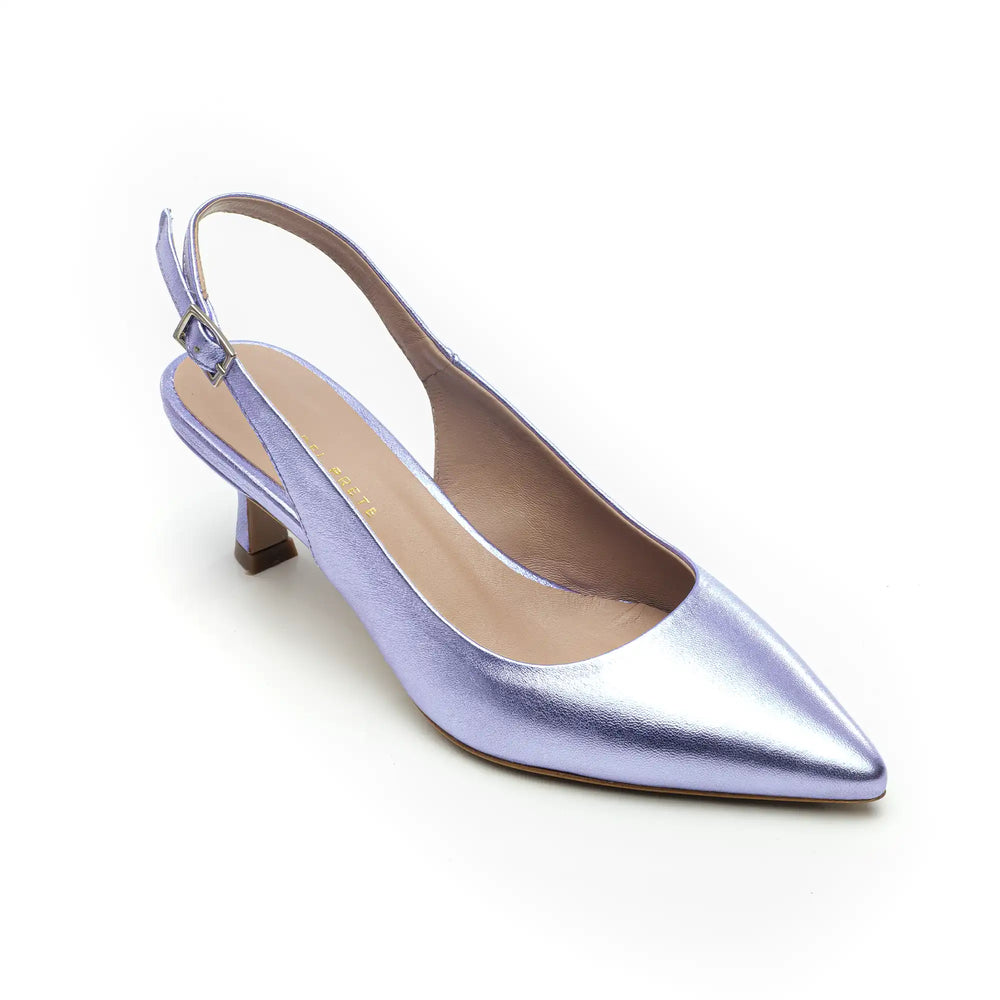 
                  
                    Load image into Gallery viewer, Fiordaliso sling back decolletè with pointed toe and low heel in wisteria laminate
                  
                