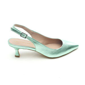 
                  
                    Load image into Gallery viewer, Fiordaliso sling back decolletè with toe and low heel in teal laminate
                  
                