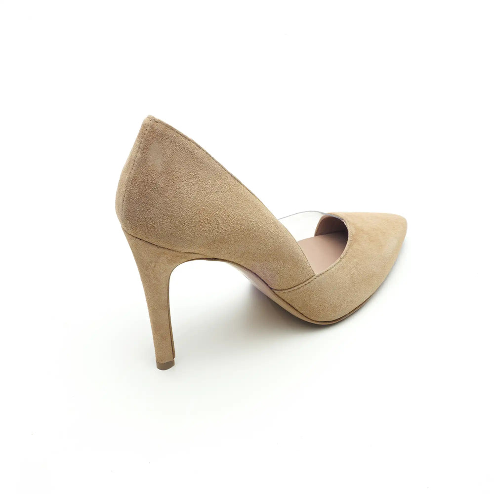 
                  
                    Load image into Gallery viewer, Pointed Sole decolletè and high heel with transparent detail in biscuit suede
                  
                