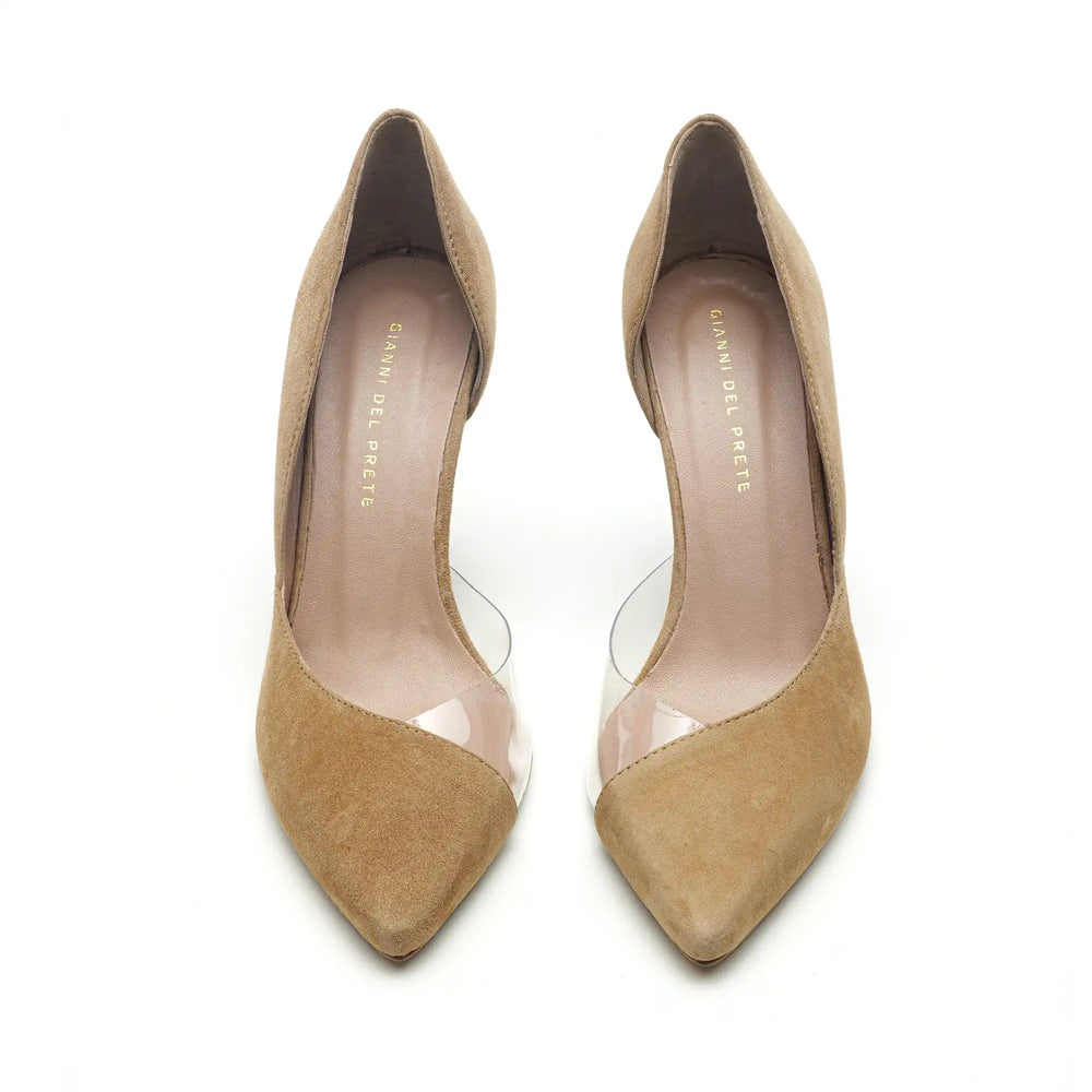 
                  
                    Load image into Gallery viewer, Pointed Sole decolletè and high heel with transparent detail in biscuit suede
                  
                
