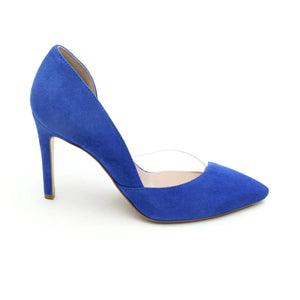 
                  
                    Load image into Gallery viewer, Pointed high heel Sole decolletè with transparent detail in ultra-blue suede
                  
                