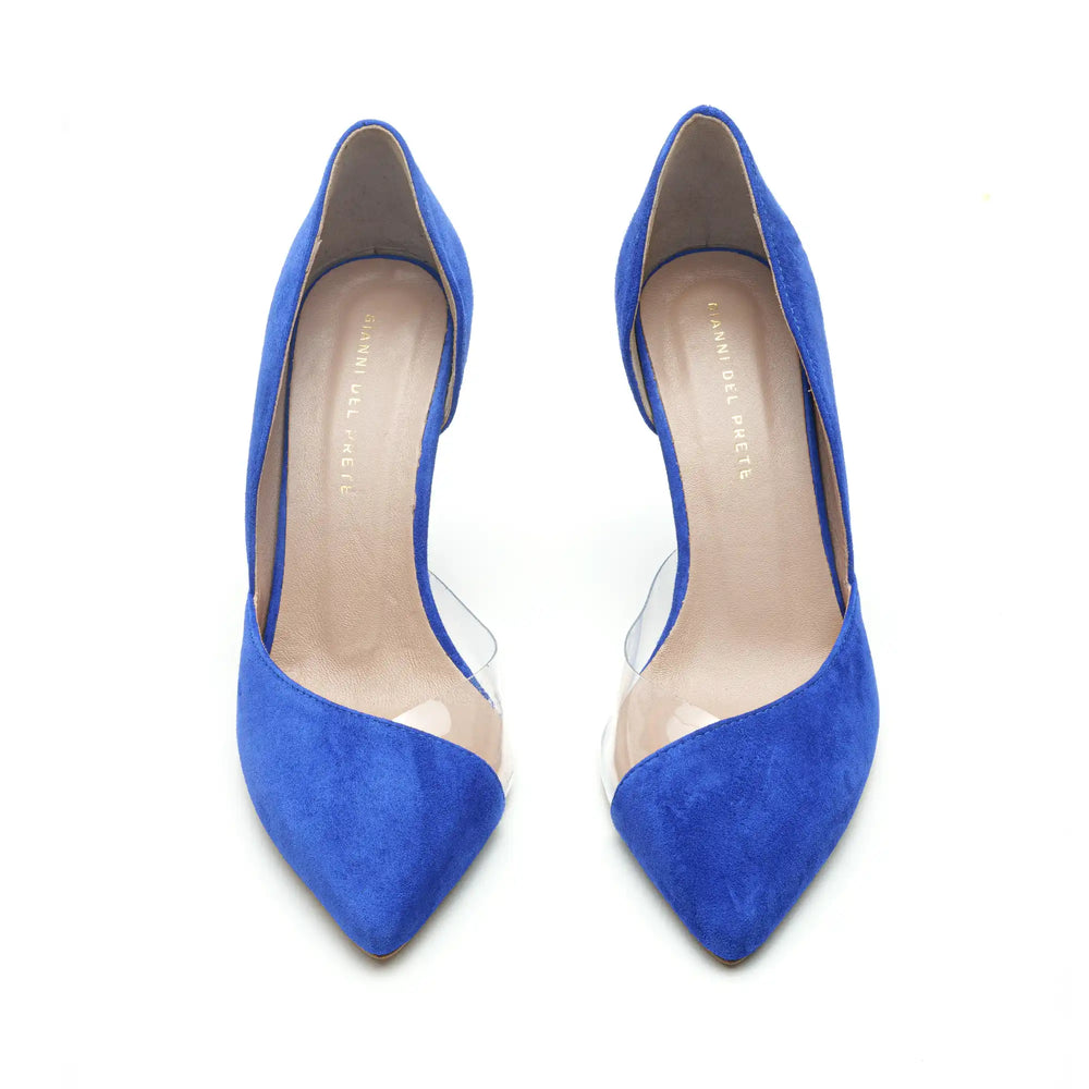 
                  
                    Load image into Gallery viewer, Pointed high heel Sole decolletè with transparent detail in ultra-blue suede
                  
                