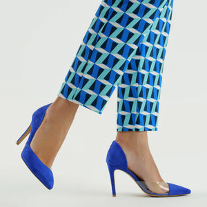 
                  
                    Load image into Gallery viewer, Pointed high heel Sole decolletè with transparent detail in ultra-blue suede
                  
                