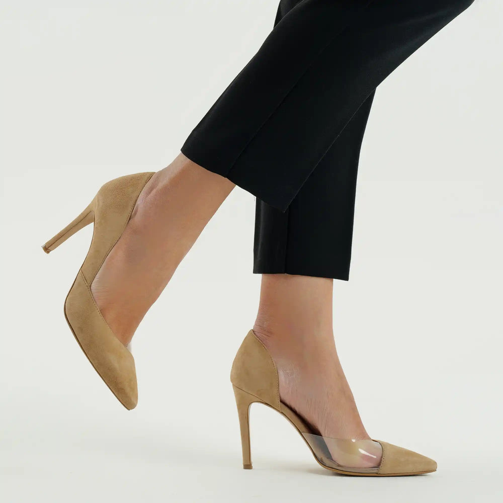 Pointed Sole decolletè and high heel with transparent detail in biscuit suede